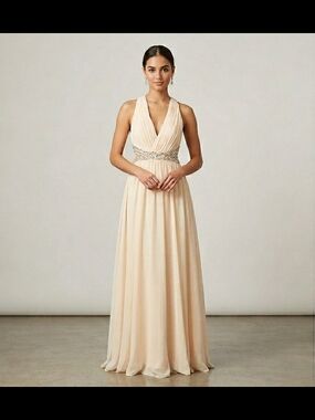 Marciano Cream Halter V-Neck Beaded Waist Maxi Dress